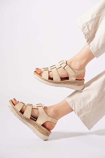 Moda Pie Resye 3-Strap Genuine Leather Orthopedic Women's Sandals Beige Skin