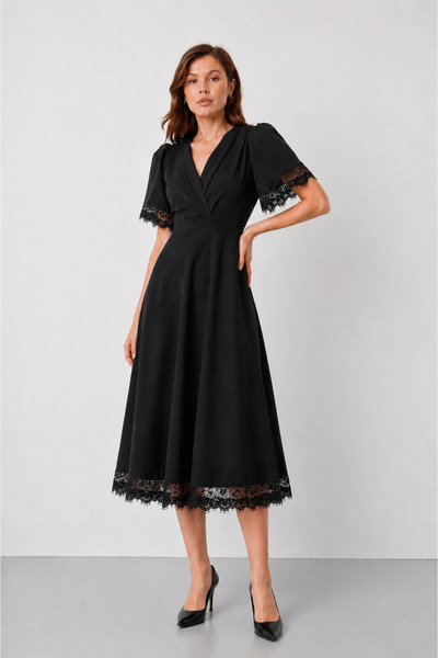 WOMAN VISION Black Crepe Fabric Padded Double Breasted Collar Sleeves and Ski...