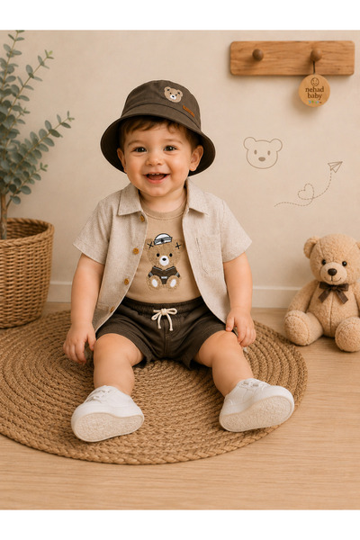 Nehad Bebe Baby Boy Cotton Linen Set with Hat, 4-Piece Summer Baby Set, Styli...