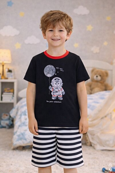 koza iç giyim Erkek Çocuk Pamuklu Çizgili Baskılı Kısa Kollu Şortlu Pijama Takımı