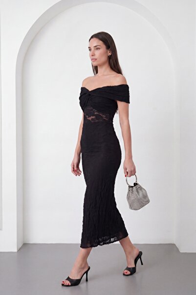 Lafaba Women's Black Boat Neck Lace Midi Event Dress