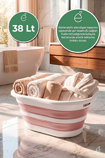 EVONİTA Katlanabilir Çamaşır Leğeni 38 Lt Akordiyon Sepet Yer Kaplamaz Katlan...