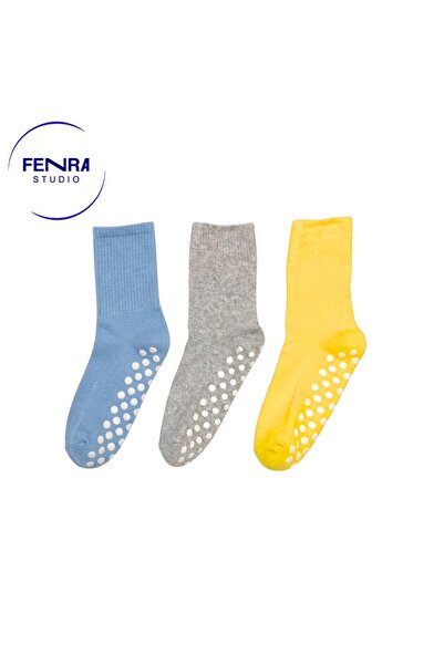FENRA STUDIO 3-Piece Women's Non-Slip Sole Home Socks Yoga Pilates Blue Gray ...