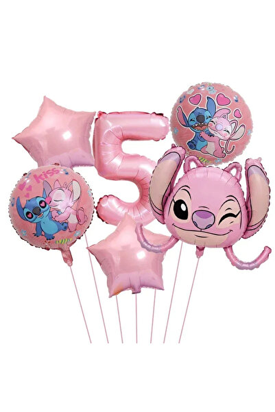 Baloane Vesele Set Baloane Aniversare 5 Ani Tematica Stitch și Angel Roz SET3...