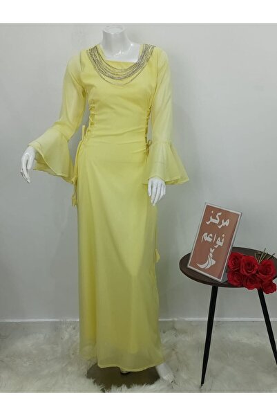 NAWAEIM Soft Chiffon Long Lime Yellow Evening Dress with Flare Bell Sleeves