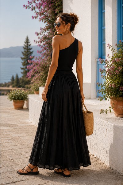 Dream Style Women's Voile Fabric Crinkled Skirt with Elastic Waist and Long Lining