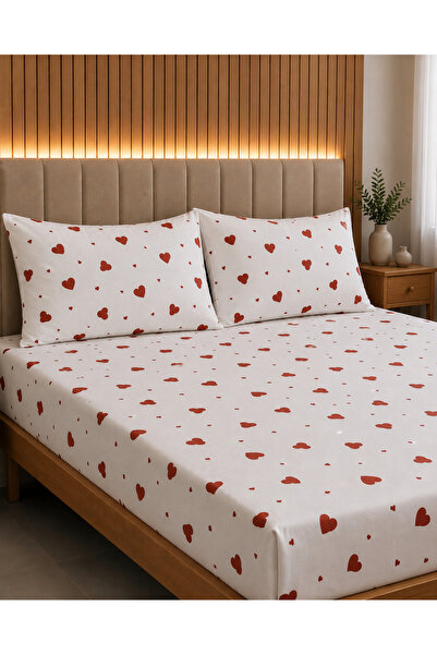 Pamuku Red Heart King Size Elastic Sheet Set 180X200 3 Pieces