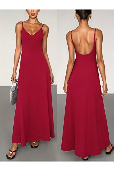 Modayakamoz Women's Rope Strap V-Neck Long Janjan Crepe Dress with Deep Back ...