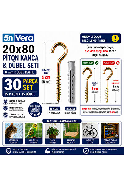 5NVERA 20x80 Piton Kanca ve 8 mm Dübel Seti 30 Parça | 15 Piton + 15 Dübel | ...