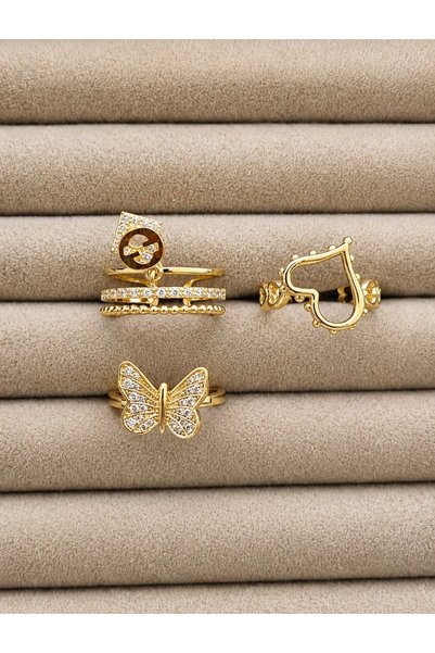 Mope Accessories Adjustable Gold Butterfly & Heart Figured Stone Ring Set of 3