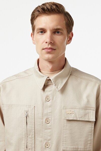Lacoste Men's Relaxed Fit Beige Shirt Loose Cut Men's Shirt Beige
