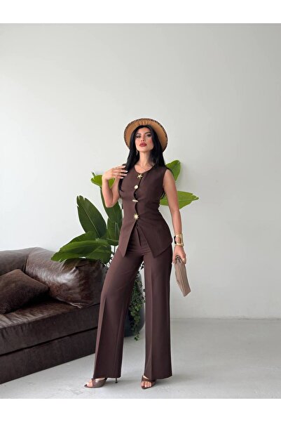 Bella Breeze Women's Button Detailed Vest Trouser Set Stylish Two-Piece Set