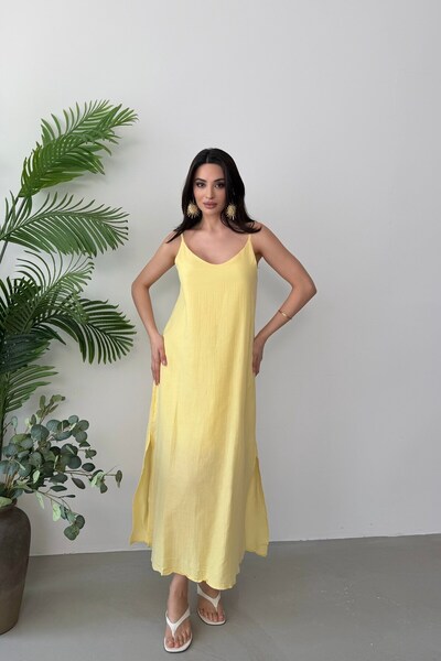 Serica Moda Yellow Adjustable Strap Lined Muslin Dress