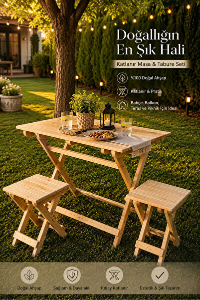 kamar Balkon Bahçe Mutfak 3'lü Bistro Set Katlanır Masa-2 Adet Tabure