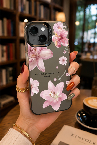 Caseji iPhone 13/14 Uyumlu Çiçekler Tema Silikon Kenar Sert Arka Anti Düşme T...