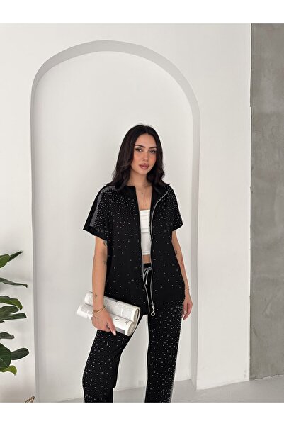 winmoda Kadın Komple Taş Detaylı Fermuarlı Yelek & Bol Paça Pantolon İkili Takım