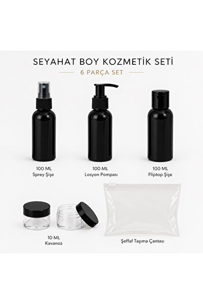 makrobay Seyahat Boy Kozmetik Şişe Seti 100 ML Siyah PET Şişe ve Kavanoz Seti