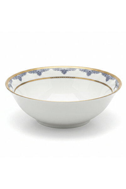 SHALLOW White Porcelain Soup Bowl with Golden Rim & Blue Floral Design — 6 Inch
