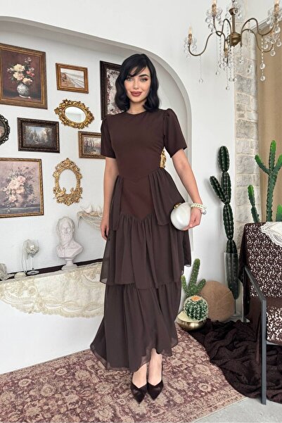 Caddebostan Moda Long Evening Dress with Back Corsage Detail and Layered Chif...
