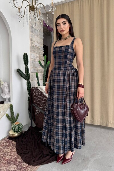 Caddebostan Moda Square Neck Plaid Pattern Midi Dress with Puffy Skirt Waist ...
