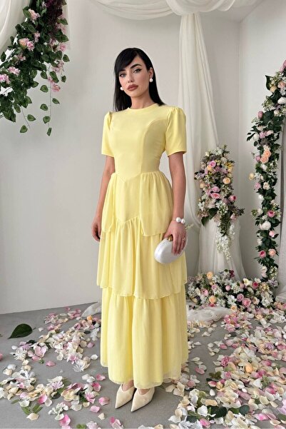 Caddebostan Moda Long Evening Dress with Back Corsage Detail and Layered Chif...