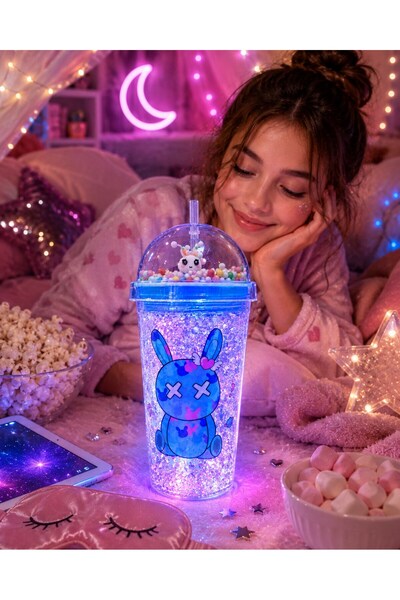 BiTon Toptan Tavşan Figürlü Pipetli Suluk Buz Görünümlü Led Işıklı 450 ML Çif...