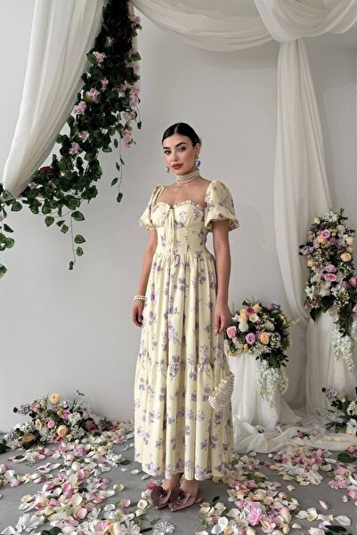 Caddebostan Moda Floral Patterned Square Neck Watermelon Sleeve Lace-Up Bodic...