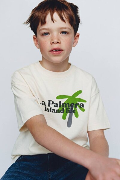 aura7 collection Boy's Palm Tree Patterned Cream T-Shirt