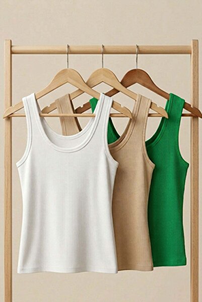 COTENCONCEPT 3 Pieces of Ribbed Fitted Front and Back U-Neck Strap T-Shirts