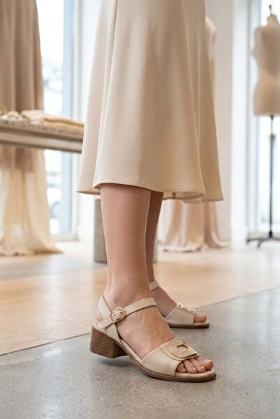 Mammamia D26Ys-2795 Women's Genuine Leather Heeled Sandals Cream