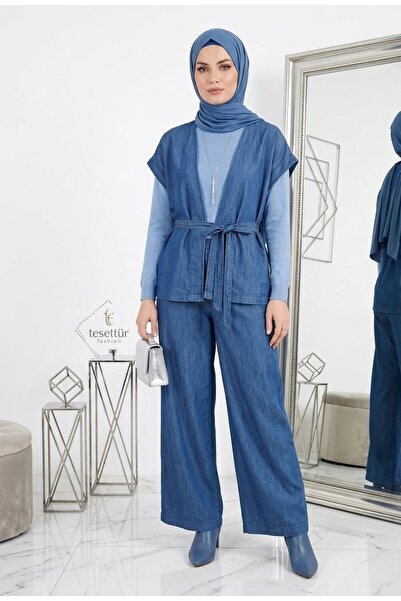 wishne Cotton Denim Double Set (Vest & Trousers) - Blue