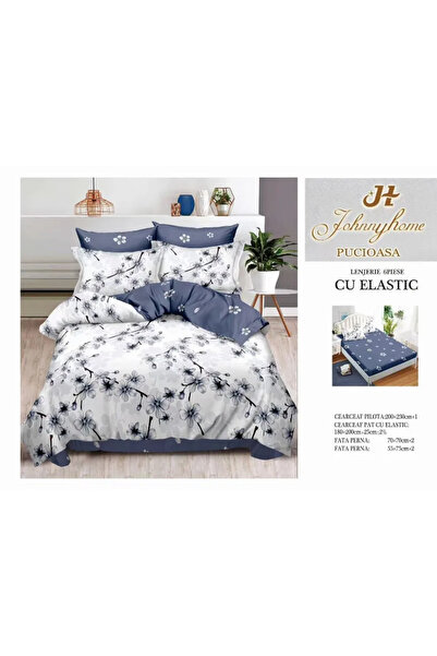 Pucioasa Bed linen Finet 6 pieces with Elastic, white with black and gray flo...