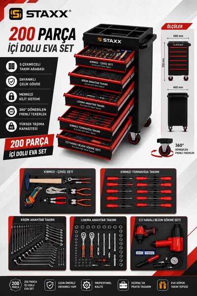 STAXX POWER Premium İzeltaş Anahtarlı İçi Dolu 200 Parça Atölye Dolabı Takım ...