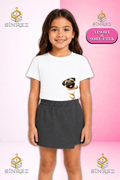 SİNREZ Set pentru fete KOPEK PUG YANDAN YARM Tricou cu mânecă scurtă imprimat...