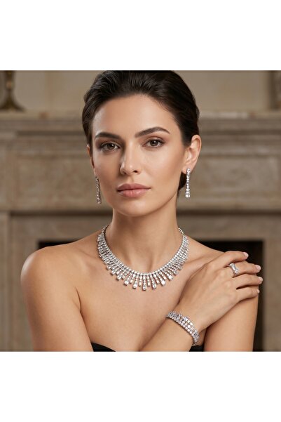 ILAN Luxury Zircon Diamond Alternative 4-Piece Wedding Jewelry Set - Geometri...