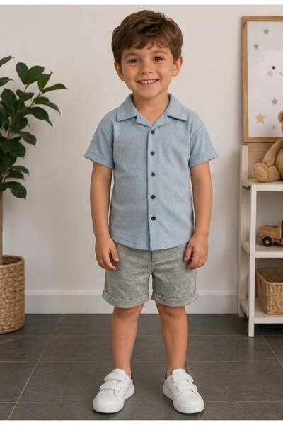 RÜYA KİDS Boy's Holiday Casual Baklava Pattern Shirt 2-Piece Summer Top and B...