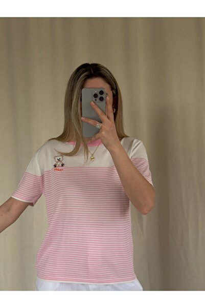 AlisBoutique Premium Ayıcık Nakışlı Çizgili Bluz