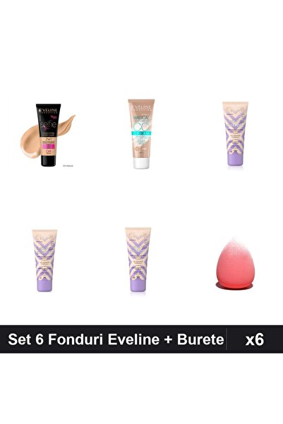 Eveline Set 6 Fonduri de Ten Eveline, Nuante Beige Ivory Creamy, 30ml + Buret...