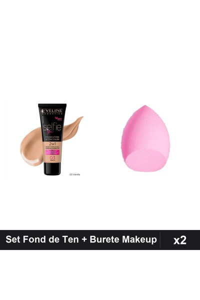 Eveline Set Fond de Ten Selfie Time 2in1 Vanilla 03, 30ml + Burete Makeup