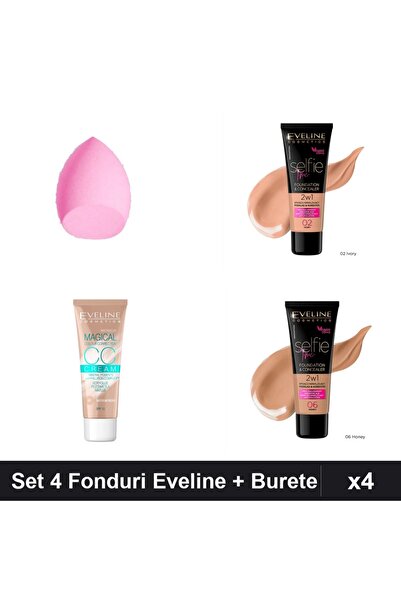 Eveline Set 4 Fonduri de Ten Cosmetics, Nuante Ivory Honey Medium Beige + Burete