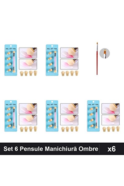 NAİLS Set 6 Pensule Manichiură Baby Boomer Ombre cu Burete, 4 Rezerve + Pensu...