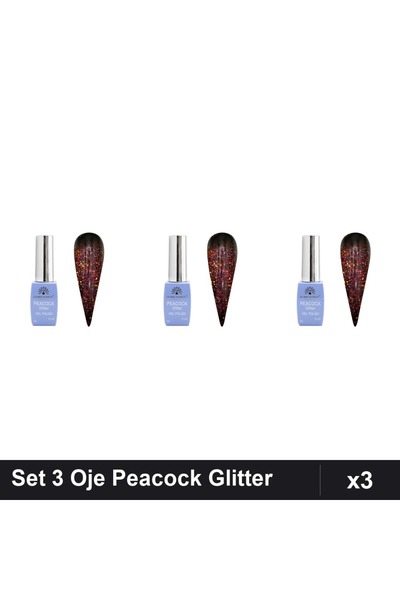 Makeup Set 3 Oje Semipermanente Peacock Glitter 8ml, Nuanță 06, Manichiura UV...