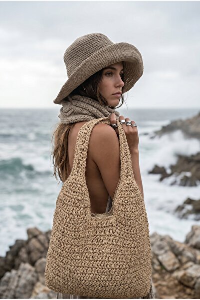 FASHION COCKTAIL Μαλακή πλεκτή τσάντα ώμου παραλίας με διπλό χοντρό λουράκι κ...