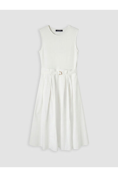 LC Waikiki Nevavm Oval Collar Belted Pleated Dress with a Difference