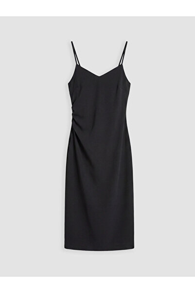 LC Waikiki Nevavm V-Neck Drawstring Strap Gathered Crepe Dress