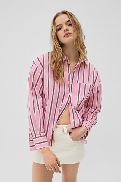 GRIMELANGE MIREL Kadın Oversize Fit %100 Organik Pamuklu Pembe Çizgili Gömlek