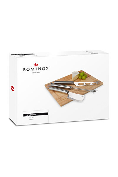 PROMİNOX Set de brânzeturi Rominox Legno, tocător din lemn, 3 accesorii din oțel inoxidabil, tăietor cu sârmă, 27 x 20 cm
