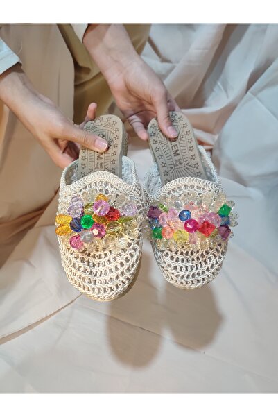 MY STİL MODA Closed Front Pearl Detailed Wicker Knitted Outdoor House Slippers