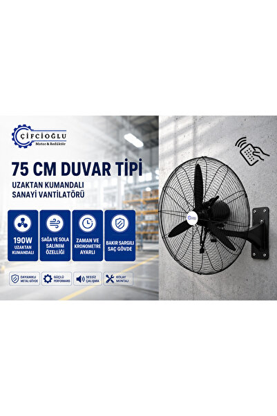 ÇİFÇİOĞLU MOTOR REDÜKTÖR Çifçioğlu Siyah Duvar Vantilatörü 30 İnç 75 Cm Uzakt...