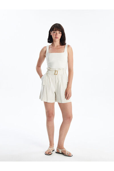LC Waikiki Nevavm Women's Linen Blend Shorts with Belt and Waistband
